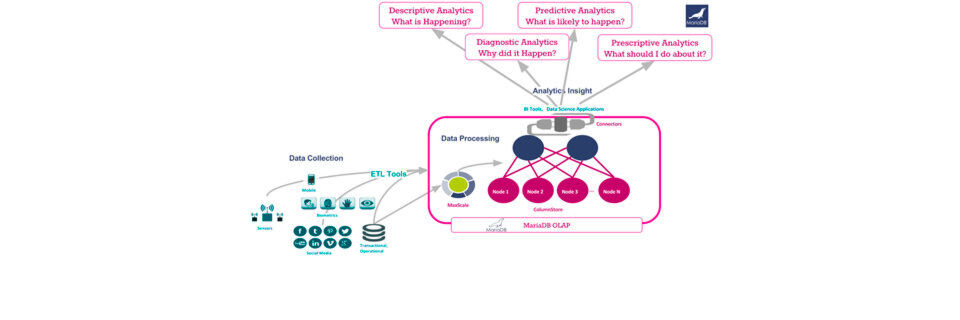 Im Bereich der massiv-parallelen Datenverarbeitung zu Analysezwecken spielt ColumnStore, das auf der MariaDB-Datenbank aufsetzt, eine zentrale Rolle. Auf einem Speicher-Cluster (node 1-n) hält die Speicher-Engine die Massendaten vor, die für Predictive Analytics und andere Disziplinen benötigt werden. Im Bereich der massiv-parallelen Datenverarbeitung zu Analysezwecken spielt ColumnStore, das auf der MariaDB-Datenbank aufsetzt, eine zentrale Rolle. Auf einem Speicher-Cluster (node 1-n) hält die Speicher-Engine die Massendaten vor, die für Predictive Analytics und andere Disziplinen benötigt werden.