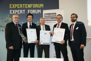 The winners in "Processing technology equipment and components ": 1. Price: 3-D Sealing Technology by Tedima (left: Dietmar Siebler), 2. Place: Inline-Disperser Epsilon, Netzsch Feinmahltechnik (middle: Gerhard Kolb), 3.: Herding Maxx, Herding Filtertechnik (right: Jörg-Armin Schulz) The winners in "Processing technology equipment and components ": 1. Price: 3-D Sealing Technology by Tedima (left: Dietmar Siebler), 2. Place: Inline-Disperser Epsilon, Netzsch Feinmahltechnik (middle: Gerhard Kolb), 3.: Herding Maxx, Herding Filtertechnik (right: Jörg-Armin Schulz)