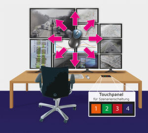 Das Cross-Display-Switching von G&D ermöglicht die Bedienung mehrerer Systeme mit einem einzelnen Set aus Keyboard und Maus / Trackball. So kann der Anwender ganz intuitiv arbeiten, indem der Schaltprozess einfach dem Mauszeiger folgt. Für weiterführende Kontrolle können die Systeme ebenso einfach über grafisch gestaltete Touchpanel bedient werden. Das Cross-Display-Switching von G&D ermöglicht die Bedienung mehrerer Systeme mit einem einzelnen Set aus Keyboard und Maus / Trackball. So kann der Anwender ganz intuitiv arbeiten, indem der Schaltprozess einfach dem Mauszeiger folgt. Für weiterführende Kontrolle können die Systeme ebenso einfach über grafisch gestaltete Touchpanel bedient werden.