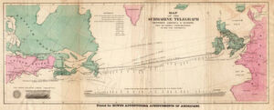 Route des ersten, nicht beständigen Transatlantikkabels von 1858. Die Strecke zwischen Westirland und Neufundland ging von einer vagen Einschätzung des Ozeonografen Matthew F. Maury aus, der zwischen den Inseln ein transatlantisches Plateau vermutete. Route des ersten, nicht beständigen Transatlantikkabels von 1858. Die Strecke zwischen Westirland und Neufundland ging von einer vagen Einschätzung des Ozeonografen Matthew F. Maury aus, der zwischen den Inseln ein transatlantisches Plateau vermutete.