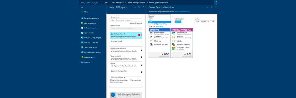 In Microsoft Azure erstellen Entwickler einen neuen HDInsight/Hadoop-Cluster, in dem später auch Apache Spark laufen kann. In Microsoft Azure erstellen Entwickler einen neuen HDInsight/Hadoop-Cluster, in dem später auch Apache Spark laufen kann.