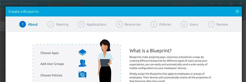 Mit AirWatch Express lassen sich mobile Geräte per Blueprint mit allen gewünschten Apps und Einstellungen für Sicherheit, E-Mail und WLAN einrichten. Mit AirWatch Express lassen sich mobile Geräte per Blueprint mit allen gewünschten Apps und Einstellungen für Sicherheit, E-Mail und WLAN einrichten.