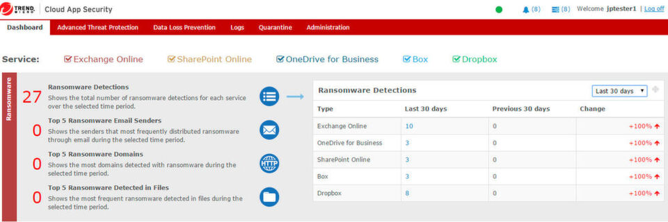 Trend Micro Cloud App Security schützt Daten in Microsofts Office 365 und auf den Cloud-Speichern Box, Dropbox, Google Drive und OneDrive vor Malware und Datendiebstahl. Trend Micro Cloud App Security schützt Daten in Microsofts Office 365 und auf den Cloud-Speichern Box, Dropbox, Google Drive und OneDrive vor Malware und Datendiebstahl.