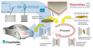Waben aus thermoplastischen Werkstoffen herzustellen und direkt in automatisierte Produktionslinien für neuartige Organosandwich-Halbzeuge zu integrieren, lässt das Design völlig neuer Bauteilstrukturen zu. Dabei kann der Wabenkern in komplex geformten Bereichen teilweise oder komplett verschmolzen werden. Waben aus thermoplastischen Werkstoffen herzustellen und direkt in automatisierte Produktionslinien für neuartige Organosandwich-Halbzeuge zu integrieren, lässt das Design völlig neuer Bauteilstrukturen zu. Dabei kann der Wabenkern in komplex geformten Bereichen teilweise oder komplett verschmolzen werden.