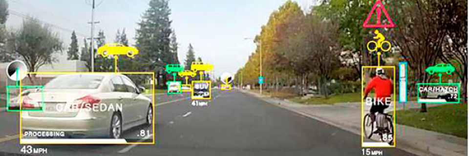 Ein Beispiel von Deep Learning: Selbstfahrende Autos nutzen Systeme, die Objekte erkennen können. Das Erkennen von Objekten wird durch Deep-Learning-Algorithmen erreicht. Ein Beispiel von Deep Learning: Selbstfahrende Autos nutzen Systeme, die Objekte erkennen können. Das Erkennen von Objekten wird durch Deep-Learning-Algorithmen erreicht.