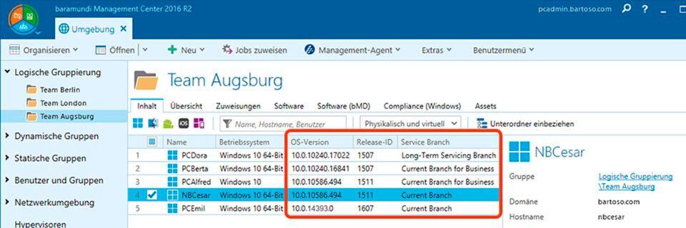 Die Baramundi Management Suite 2016 R2 bietet eine zentrale Übersicht über Release-IDs und Service-Branches. Die Baramundi Management Suite 2016 R2 bietet eine zentrale Übersicht über Release-IDs und Service-Branches.