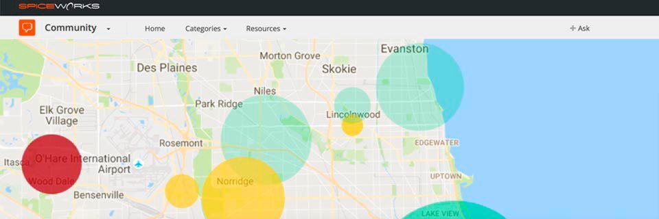 Auf der Spiceworks Internet Outage Heatmap werden unterschiedliche Latenzlevel mit Farben dargestellt. Auf der Spiceworks Internet Outage Heatmap werden unterschiedliche Latenzlevel mit Farben dargestellt.