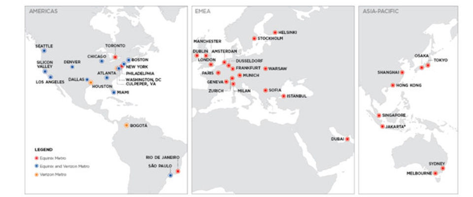Datacenter-Betreiber Equinix stockt seine Reichweite enorm auf und kreiert sich seine eigene Landkarte. Datacenter-Betreiber Equinix stockt seine Reichweite enorm auf und kreiert sich seine eigene Landkarte.