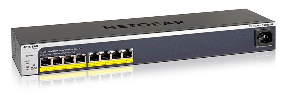 Ethernet-Ports und Stromversorgung befinden sich beim Netgear-Switch GS408EPP auf derselben Seite. Ethernet-Ports und Stromversorgung befinden sich beim Netgear-Switch GS408EPP auf derselben Seite.