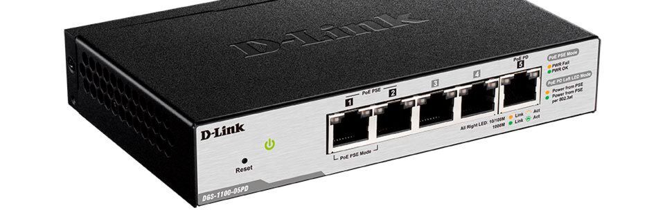 Der DGS-1100-05PD von D-Link ist mit zwei PoE-PSE-Ports und einem PoE-PD-Port ausgestattet. Der DGS-1100-05PD von D-Link ist mit zwei PoE-PSE-Ports und einem PoE-PD-Port ausgestattet.