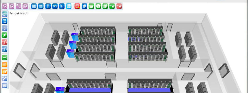 Das Bild zeigt beispielhaft im Browser eine perspektivische Sicht auf ein Rechenzentrum mithilfe des Speedikon-Monitoring-Systems „Dams“. Das Bild zeigt beispielhaft im Browser eine perspektivische Sicht auf ein Rechenzentrum mithilfe des Speedikon-Monitoring-Systems „Dams“.