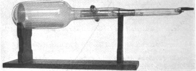 Die von Karl Ferdinand Braun entwickelte Kathodenstrahlröhre: Zur Ablenkung der Elektronenstrahlen dienen zwei flache Platten in der Mitte des Gefäßes. Links ein mit Phosphor beschichtetes Papierblatt, auf dem ein leuchtender Punkt erzeugt wird. Die von Karl Ferdinand Braun entwickelte Kathodenstrahlröhre: Zur Ablenkung der Elektronenstrahlen dienen zwei flache Platten in der Mitte des Gefäßes. Links ein mit Phosphor beschichtetes Papierblatt, auf dem ein leuchtender Punkt erzeugt wird.