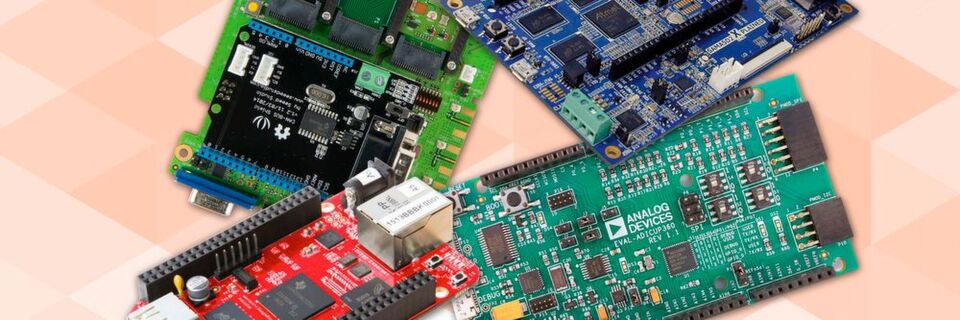 Platinenvielfalt: BeagleBone (im Urzeigersinn): Black Industrial (rot) für Temperaturen von -40 C bis 85C; Sierra Wireless mangOH Green (dunkelgün), das Microchip Sama5D2B-XULT (blau) und das Arduino-kompatible EVAL-ADICUP360 von Analog Devices Platinenvielfalt: BeagleBone (im Urzeigersinn): Black Industrial (rot) für Temperaturen von -40 C bis 85C; Sierra Wireless mangOH Green (dunkelgün), das Microchip Sama5D2B-XULT (blau) und das Arduino-kompatible EVAL-ADICUP360 von Analog Devices