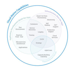 Abbildung 1: Die dreiseitige und sich überlappende Natur des Cloud-nativen Computing. Abbildung 1: Die dreiseitige und sich überlappende Natur des Cloud-nativen Computing.