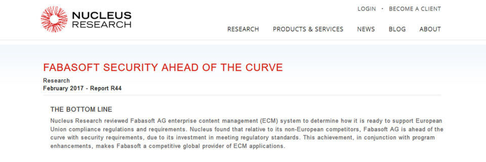 Der Report „Fabasoft security ahead of the curve“ stammt von Nucleus Research. Der Report „Fabasoft security ahead of the curve“ stammt von Nucleus Research.