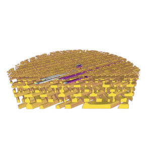 3D-Darstellung der inneren Struktur eines Mikrochips (Prozessor der Firma Intel). Gezeigt ist der Blick direkt auf die Ebene, in der sich die Transistoren befinden. Das Material, das in Gelb dargestellt ist, ist Kupfer – sichtbar sind die Schaltverbindungen des Prozessors, die die einzelnen Transistoren miteinander verbinden. Zur Verdeutlichung wurden einige Verbindungen eingefärbt, deren Anschlüsse durch das untersuchte Volumen verfolgt werden können. Die einzelnen gezeigten Leitungen sind rund 45 Nanometer breit; insgesamt wurde ein Stück eines Prozessors mit rund 10 Mikrometer Durchmesser untersucht. Das Bild wurde mithilfe von Messungen mit Röntgenstrahlen an der Synchrotron Lichtquelle Schweiz SLS des Paul Scherrer Instituts erstellt. 3D-Darstellung der inneren Struktur eines Mikrochips (Prozessor der Firma Intel). Gezeigt ist der Blick direkt auf die Ebene, in der sich die Transistoren befinden. Das Material, das in Gelb dargestellt ist, ist Kupfer – sichtbar sind die Schaltverbindungen des Prozessors, die die einzelnen Transistoren miteinander verbinden. Zur Verdeutlichung wurden einige Verbindungen eingefärbt, deren Anschlüsse durch das untersuchte Volumen verfolgt werden können. Die einzelnen gezeigten Leitungen sind rund 45 Nanometer breit; insgesamt wurde ein Stück eines Prozessors mit rund 10 Mikrometer Durchmesser untersucht. Das Bild wurde mithilfe von Messungen mit Röntgenstrahlen an der Synchrotron Lichtquelle Schweiz SLS des Paul Scherrer Instituts erstellt.