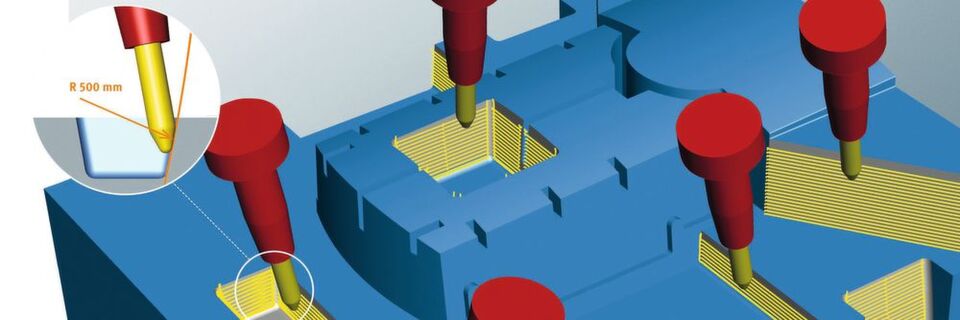 The 5-axis tangent plane machining strategy allows users to finish all components that feature hard-to-reach planes very efficiently and free of collisions. The 5-axis tangent plane machining strategy allows users to finish all components that feature hard-to-reach planes very efficiently and free of collisions.
