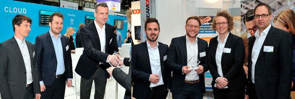 Die Oneclick-Gründer (v. l.) Mathias Meinke, Florian Bodner und Dominik Birgelen nahmen den Award entgegen (linkes Bild). Samuel Gmeinder (l.) und Manuel Hehle (2. v. l.) von Tradico wurden durch die Also-Manager Simone Blome und Stephan Klusmann ausgezeichnet. Die Oneclick-Gründer (v. l.) Mathias Meinke, Florian Bodner und Dominik Birgelen nahmen den Award entgegen (linkes Bild). Samuel Gmeinder (l.) und Manuel Hehle (2. v. l.) von Tradico wurden durch die Also-Manager Simone Blome und Stephan Klusmann ausgezeichnet.