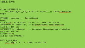 Listing 5: Veränderung des Signals CI innerhalb der in der Testbench instanziierten Komponente N_BIT_ADD durch force und relea-se Befehle. Unterbrechung der Simulation durch einen stop Befehl. Listing 5: Veränderung des Signals CI innerhalb der in der Testbench instanziierten Komponente N_BIT_ADD durch force und relea-se Befehle. Unterbrechung der Simulation durch einen stop Befehl.