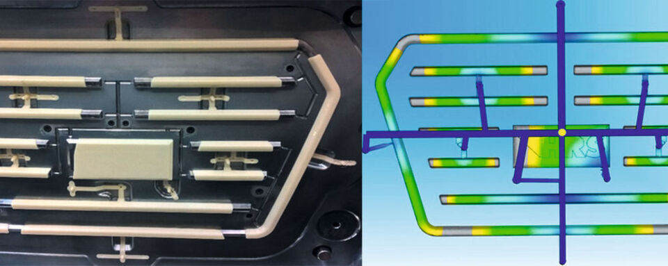 Comparison between real moulding and FLEXflow simulation. Flow balancing predictivity matches reality perfectly. Comparison between real moulding and FLEXflow simulation. Flow balancing predictivity matches reality perfectly.