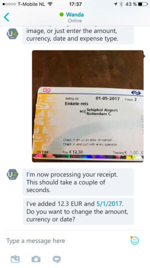 Die digitale Assistentin Wanda scannt über ein Smartphone ein Ticket und erstellt dann im Dialog die Reisekostenabrechnung. Die digitale Assistentin Wanda scannt über ein Smartphone ein Ticket und erstellt dann im Dialog die Reisekostenabrechnung.