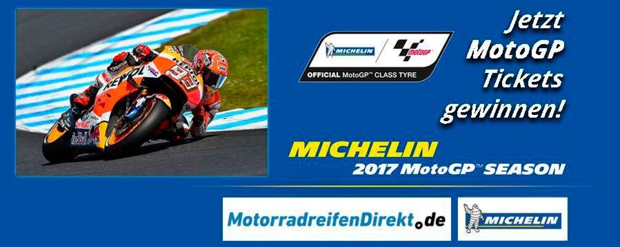 Michelin und Motorradreifendirekt.de verlosen zwei Tickets zum einzigen deutschen Rennen der Motorrad-WM 2017 am Sachsenring. Michelin und Motorradreifendirekt.de verlosen zwei Tickets zum einzigen deutschen Rennen der Motorrad-WM 2017 am Sachsenring.