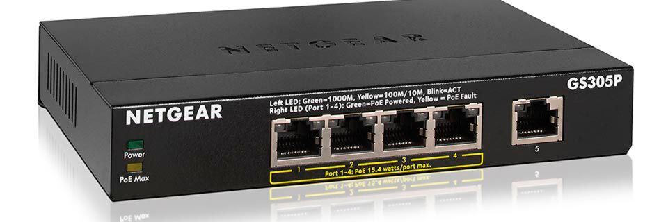 Der Netgear-Switch GS305P besitzt vier Gigabit-Ports mit PoE-Unterstützung. Der Netgear-Switch GS305P besitzt vier Gigabit-Ports mit PoE-Unterstützung.