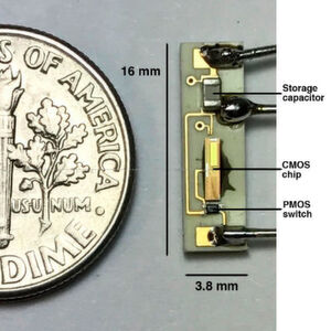Der neuartige Herzschrittmacher im Größenvergleich. Auf dem 3,8 x 16 mm messenden Board sind ein Mikrochip samt integrierter Antenne, ein Kondensator zum Speichern der eingehenden Energie und ein Schalter enthalten. Die geringe Größe erlaubt den Einsatz des Gerätes an beiden Herzkammern. Der neuartige Herzschrittmacher im Größenvergleich. Auf dem 3,8 x 16 mm messenden Board sind ein Mikrochip samt integrierter Antenne, ein Kondensator zum Speichern der eingehenden Energie und ein Schalter enthalten. Die geringe Größe erlaubt den Einsatz des Gerätes an beiden Herzkammern.