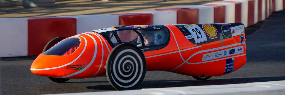 Das Bild zeigt das Fahrzeug Nemo des studentischen Teams High Efficiency der Hochschule Karlsruhe während des diesjährigen Shell Eco-Marathons in London. Das Bild zeigt das Fahrzeug Nemo des studentischen Teams High Efficiency der Hochschule Karlsruhe während des diesjährigen Shell Eco-Marathons in London.