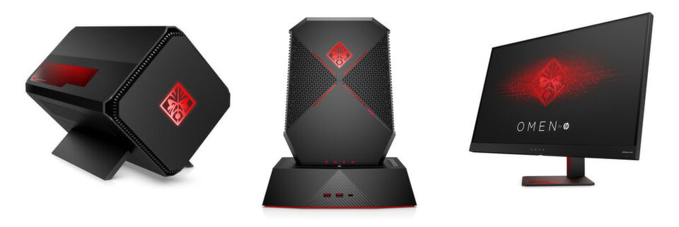 Die eGPU-Box Omen Accelerator, der auch als VR-Rucksackrechner dienende Omen X Compact Desktop und der schnelle 27-Zoll-Monitor sind alle im typischen Omen-Design gehalten. Die eGPU-Box Omen Accelerator, der auch als VR-Rucksackrechner dienende Omen X Compact Desktop und der schnelle 27-Zoll-Monitor sind alle im typischen Omen-Design gehalten.