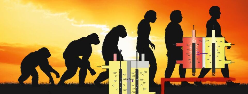 Die Entstehung der Arten: Die Membran-Elektrolyse (rechts) ist die letzte Stufe der Evolution der Chlorchemie nach dem Amalgamprozess (links) und dem Diaphragma-Verfahren (Mitte). Die Entstehung der Arten: Die Membran-Elektrolyse (rechts) ist die letzte Stufe der Evolution der Chlorchemie nach dem Amalgamprozess (links) und dem Diaphragma-Verfahren (Mitte).