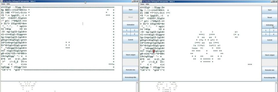 Conway's Game of Life in Befunge: Links der initiale Quelltext, rechts der Quelltext nach kurzer Laufzeit. Conway's Game of Life in Befunge: Links der initiale Quelltext, rechts der Quelltext nach kurzer Laufzeit.