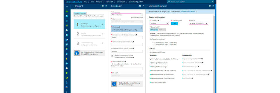 R-Server für HDInsight lässt sich in Microsoft Azure über einen Assistenten integrieren. R-Server für HDInsight lässt sich in Microsoft Azure über einen Assistenten integrieren.