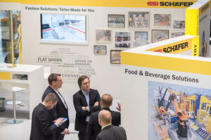 Aufgeräumtes Standkonzept, Zeit und Raum für intensive Diskussionen: SSI Schäfer auf der Cemat 2016. Aufgeräumtes Standkonzept, Zeit und Raum für intensive Diskussionen: SSI Schäfer auf der Cemat 2016.