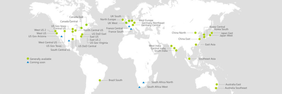 Microsoft bietet rund 40 Azure-Regionen weltweit an. Besonderheit in Deutschland ist die Microsoft Cloud Deutschland, die von Rechenzentren von T-Systems betrieben wird. Microsoft bietet rund 40 Azure-Regionen weltweit an. Besonderheit in Deutschland ist die Microsoft Cloud Deutschland, die von Rechenzentren von T-Systems betrieben wird.