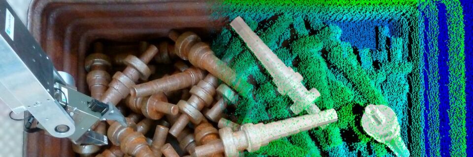 Anhand der von 3D-Sensoren erzeugten Punktwolken erkennt die Software bp3 für den Griff-in-die-Kiste zu greifende Werkstücke. Anhand der von 3D-Sensoren erzeugten Punktwolken erkennt die Software bp3 für den Griff-in-die-Kiste zu greifende Werkstücke.