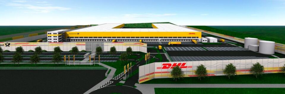 So soll das neue Paketzentrum von DHL einmal aussehen. 50.000 Pakete pro Stunde können Mitarbeiter ab 2019 darin verarbeiten. So soll das neue Paketzentrum von DHL einmal aussehen. 50.000 Pakete pro Stunde können Mitarbeiter ab 2019 darin verarbeiten.