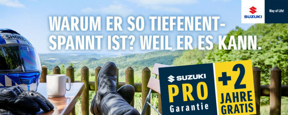 Ganz entspannt Motorrad fahren, denn: Suzuki gewährt rückwirkend für alle Käufe eines neuen Motorrads oder Vorführers ab dem 01. Juni 2017 die zweijährige Anschlussgarantie gratis. Ganz entspannt Motorrad fahren, denn: Suzuki gewährt rückwirkend für alle Käufe eines neuen Motorrads oder Vorführers ab dem 01. Juni 2017 die zweijährige Anschlussgarantie gratis.