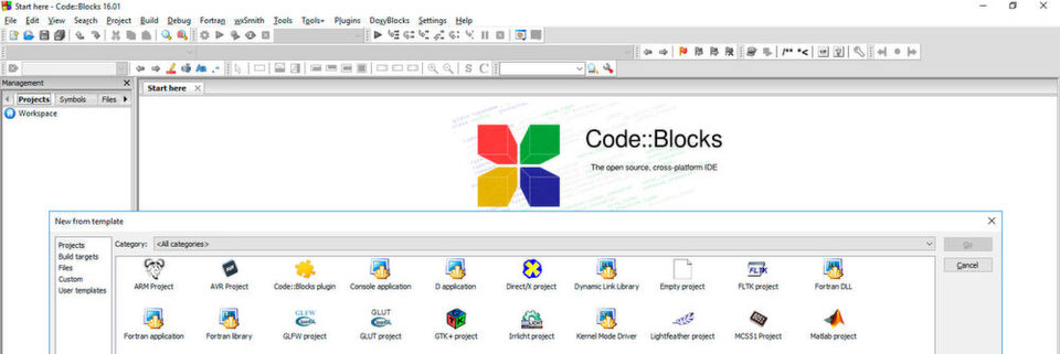Die quelloffene Code::Blocks IDE bringt zahlreiche Projektvorlagen mit. Die quelloffene Code::Blocks IDE bringt zahlreiche Projektvorlagen mit.