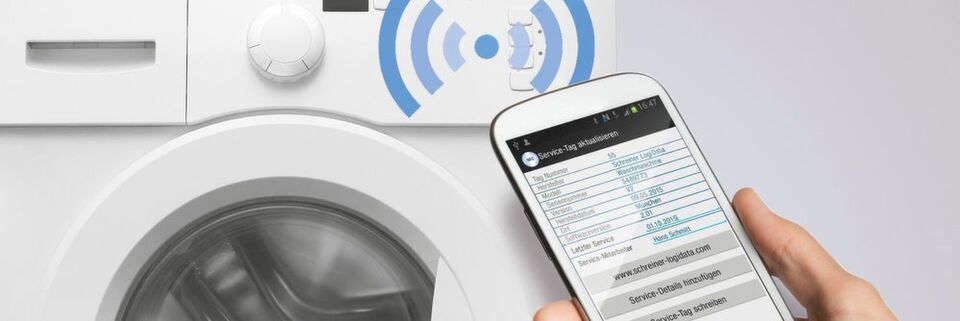 Die Waschmaschine als Beispiel: Hinter dem NFC-Label für elektronische Geräte steckt ein ganzheitliches Kommunikationssystem für das Product-LifeCycle-Management. Die Waschmaschine als Beispiel: Hinter dem NFC-Label für elektronische Geräte steckt ein ganzheitliches Kommunikationssystem für das Product-LifeCycle-Management.