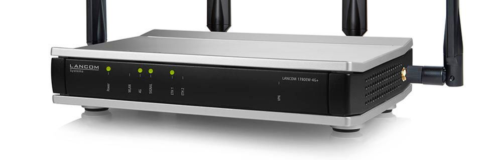 Der Mobilfunkrouter Lancom 1780EW-4G+ kombiniert LTE-Advanced, ac-WLAN, Gigabit-Ethernet und SDN-Unterstützung. Der Mobilfunkrouter Lancom 1780EW-4G+ kombiniert LTE-Advanced, ac-WLAN, Gigabit-Ethernet und SDN-Unterstützung.