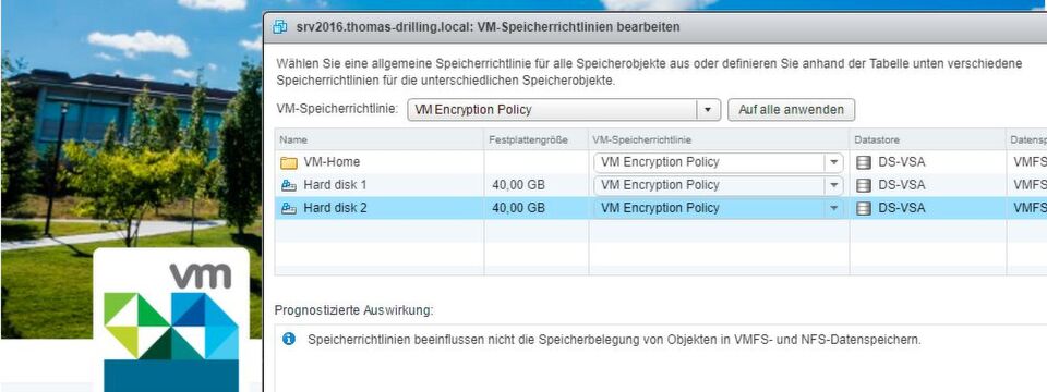 Das Verschlüsseln erfolgt bei vSphere auf Hypervisor-Level und damit agnostisch für die VM. Das Verschlüsseln erfolgt bei vSphere auf Hypervisor-Level und damit agnostisch für die VM.
