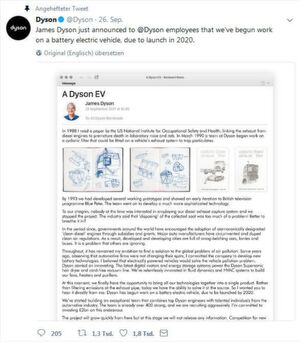 Der Tweet von James Dyson, in dem er die Entwicklung eines Elektroautos ankündigt. Der Tweet von James Dyson, in dem er die Entwicklung eines Elektroautos ankündigt.