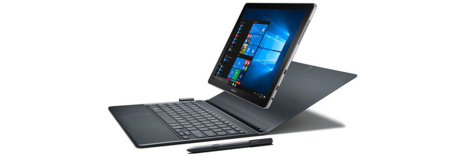 Das Keyboard-Cover und der S-Pen genannte Stift gehören zur Grundausstattung des Samsung Galaxy Book mit Intel-Kaby-Lake-Prozessor und Windows 10. Das Keyboard-Cover und der S-Pen genannte Stift gehören zur Grundausstattung des Samsung Galaxy Book mit Intel-Kaby-Lake-Prozessor und Windows 10.