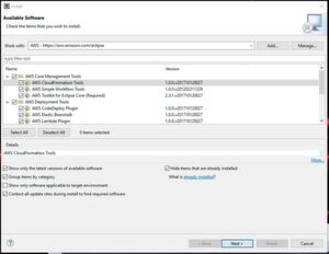 Um in den Besitz einiger benötigter Komponenten zu kommen, muss man die URL „https://aws.amazon.com/eclipse“ hinterlegen. Um in den Besitz einiger benötigter Komponenten zu kommen, muss man die URL „https://aws.amazon.com/eclipse“ hinterlegen.