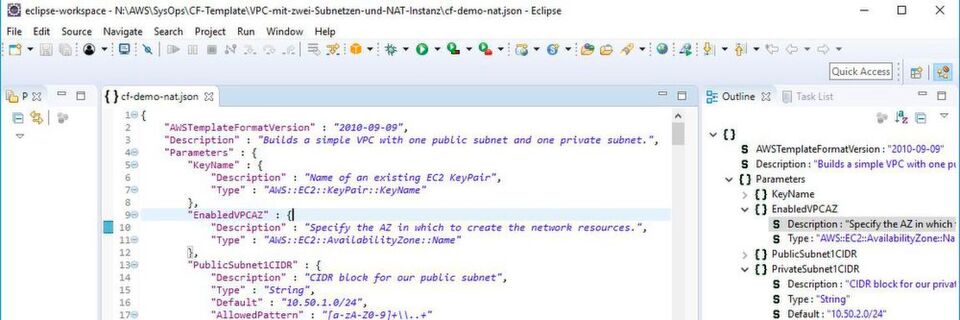 Beispielhaftes CloudFormation-Template im Eclipse-Editor. Beispielhaftes CloudFormation-Template im Eclipse-Editor.
