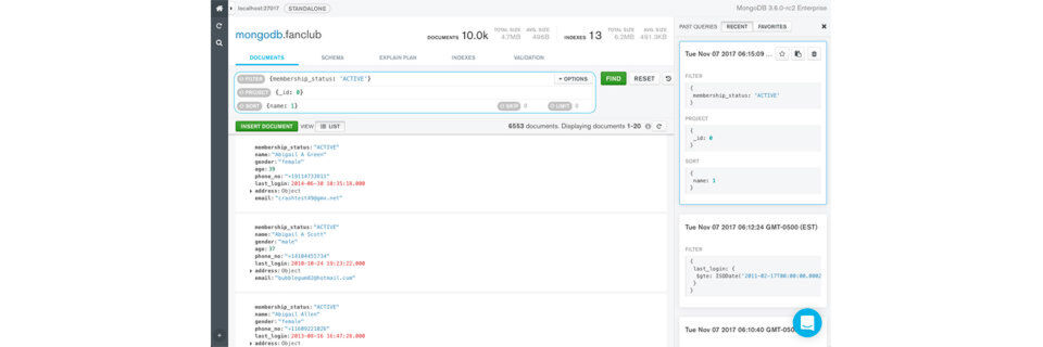 Abb. 1: MongoDB 3.6 Compass listet auf der rechten Seite auf, welche Datenbankabfragen zuletzt ausgeführt wurden und zeigt im Hauptfeld ein Beispiel dafür an. Abb. 1: MongoDB 3.6 Compass listet auf der rechten Seite auf, welche Datenbankabfragen zuletzt ausgeführt wurden und zeigt im Hauptfeld ein Beispiel dafür an.