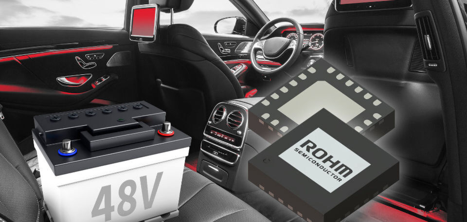Ein Tiefsetzsteller für 48-Volt-Mild-Hybrid-Systeme: Der BD9V100MUF-C ermöglicht eine einstufige Spannungswandlung mit einer hohen Taktfrequenz von 2 MHz. Ein Tiefsetzsteller für 48-Volt-Mild-Hybrid-Systeme: Der BD9V100MUF-C ermöglicht eine einstufige Spannungswandlung mit einer hohen Taktfrequenz von 2 MHz.