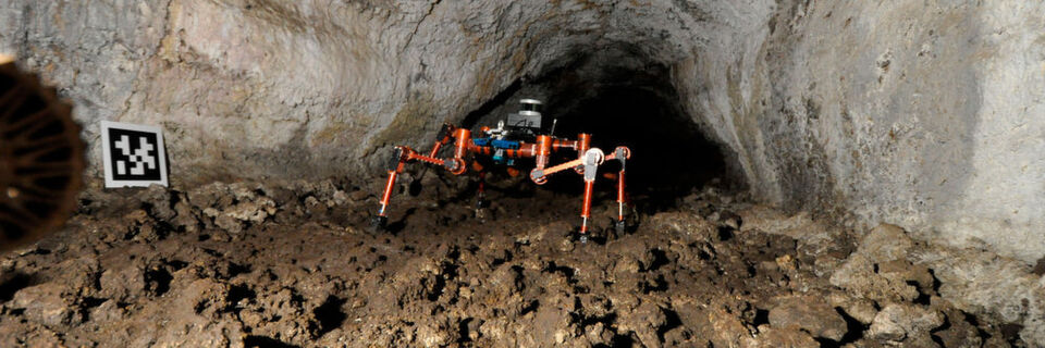 Der sechsbeinige Laufroboter Crex auf autonomer Erkundungstour: Eines Tages sollen solche Roboter Höhlen auf fremden Planeten erkunden, um gute Standorte für eine Basis zu finden. Der sechsbeinige Laufroboter Crex auf autonomer Erkundungstour: Eines Tages sollen solche Roboter Höhlen auf fremden Planeten erkunden, um gute Standorte für eine Basis zu finden.