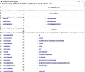 Hier eine per Option „--output table“ generierte Tabelle für das „describe instances“-Subkommando. Hier eine per Option „--output table“ generierte Tabelle für das „describe instances“-Subkommando.